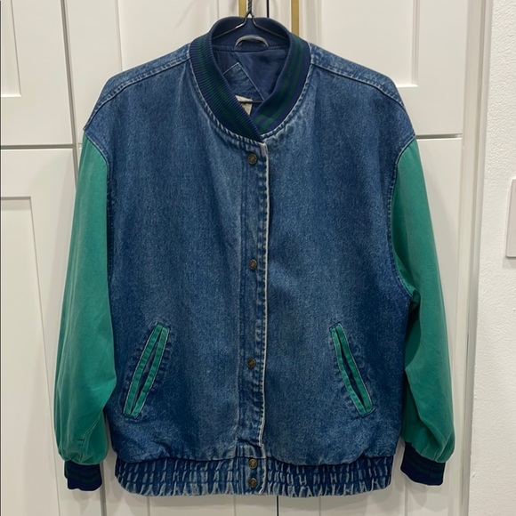 Vintage 1990s Street Worn Denim and Green Bomber Jacket - Picture 1 of 16